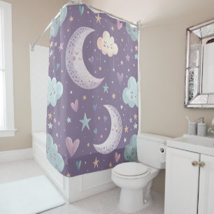 "Purple Dreamy Moon and Stars Shower Curtain"