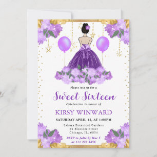 Purple Dress Brunette Hair Princess Sweet 16 Invitation