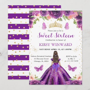 Purple Dress Brunette Princess Sweet 16 Invitation