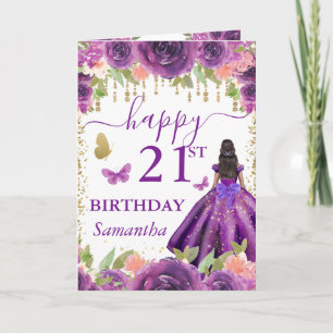 Purple Dress Dark Skin Princess Birthday Card