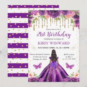 Purple Dress Dark Skin Princess Birthday Invitation