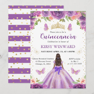 Purple Dress Dark Skin Princess Quinceanera Invitation