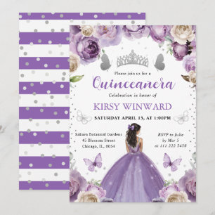 Purple Dress Dark Skin Princess Quinceanera Invitation