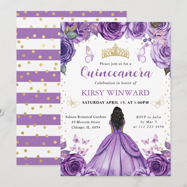 Purple Dress Dark Skin Princess Quinceanera Invitation (Front/Back)