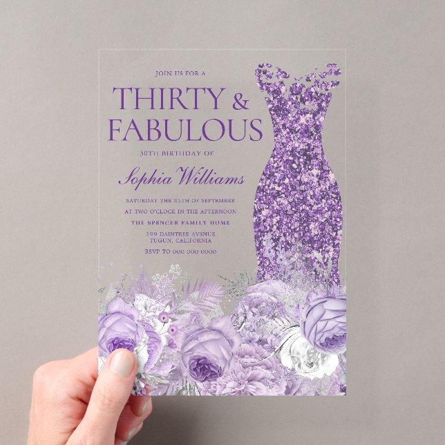 Purple Dress Floral 30 & Fabulous 30th Birthday Acrylic Invitations (Insitu (Handheld))