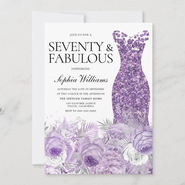 Purple Dress Floral Seventy Fabulous 70th Birthday Invitation (Front)
