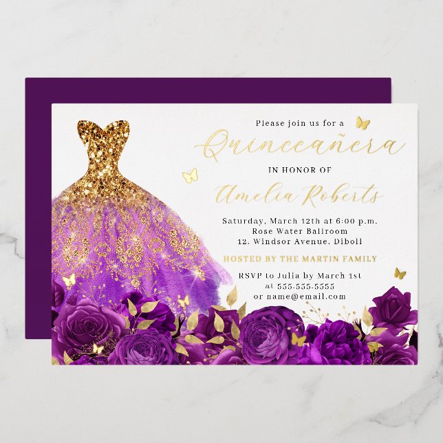 Purple Dress Gold Floral Butterfly  (Front/Back)