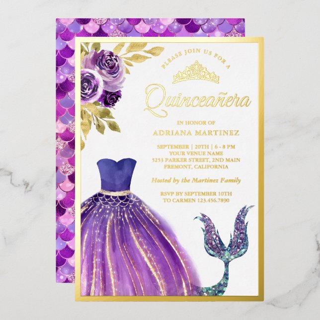 Purple Dress Mermaid Tail Quinceanera Gold (Front/Back)