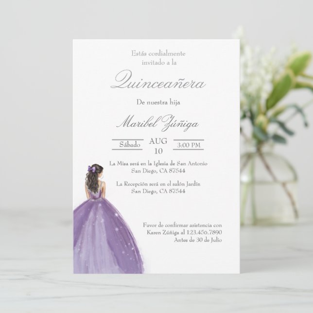 Purple dress Quinceanera invitation (Standing Front)