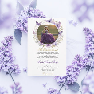 Purple dress Quinceanera with picture in Spanish Invitation