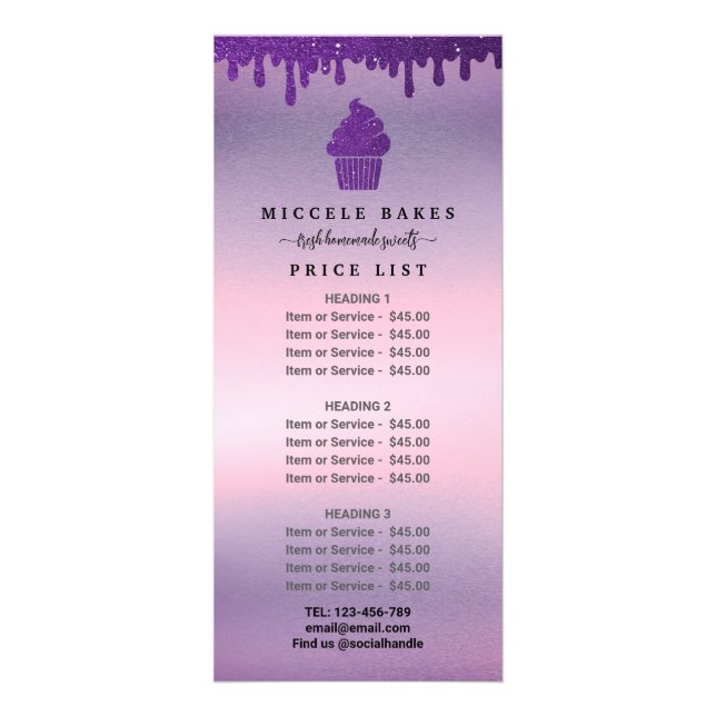 Purple Drip Bakery Service Price  Rack Card (Front)