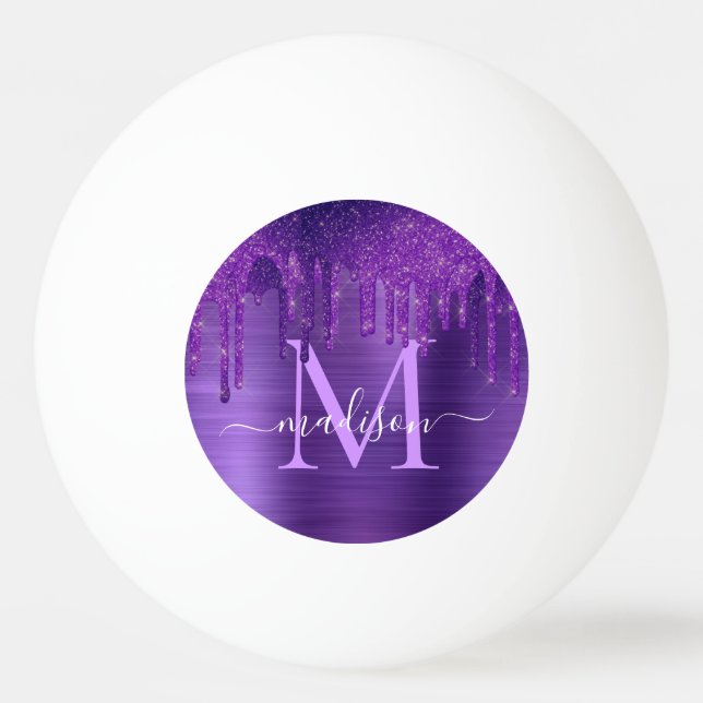 Purple Dripping Glitter Brush Metal Monogram Ping Pong Ball (Front)