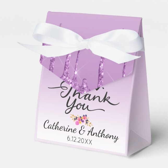 Purple Dripping Glitter Floral Thank You Favor Box (Front Side)