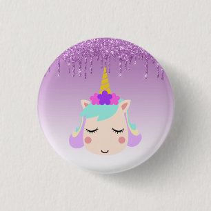 Purple Dripping Glitter Floral Unicorn 1 Inch Round Button