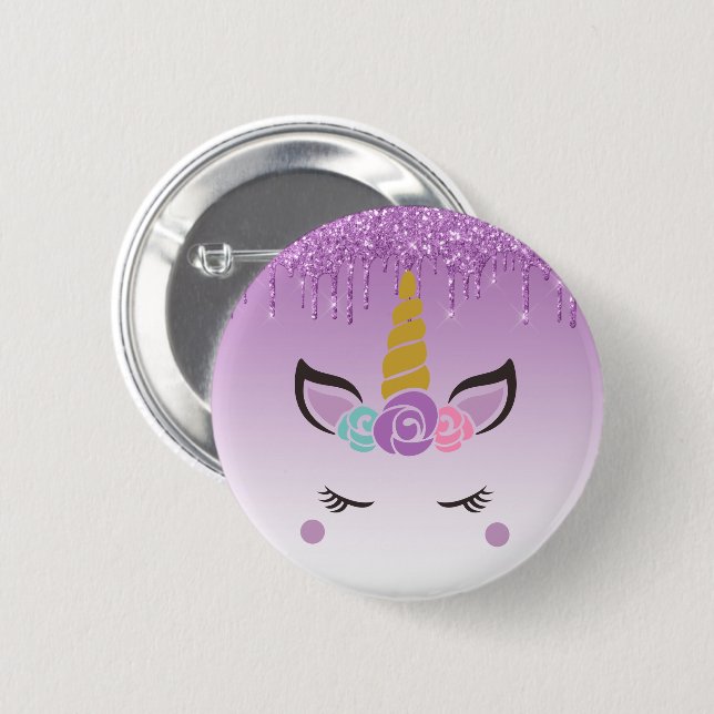 Purple Dripping Glitter Floral Unicorn 2 Inch Round Button (Front & Back)