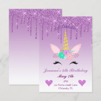 Purple Dripping Glitter/Floral Unicorn Birthday Invitation