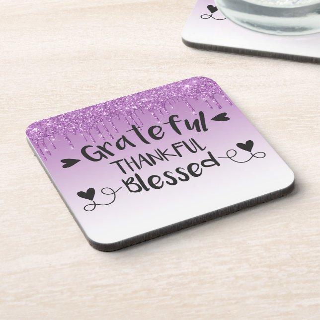 Purple Dripping Glitter/Grateful Thankful Blessed Coaster (Left Side)