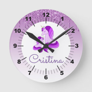 Purple Dripping Glitter & Purple Unicorns / Round Clock