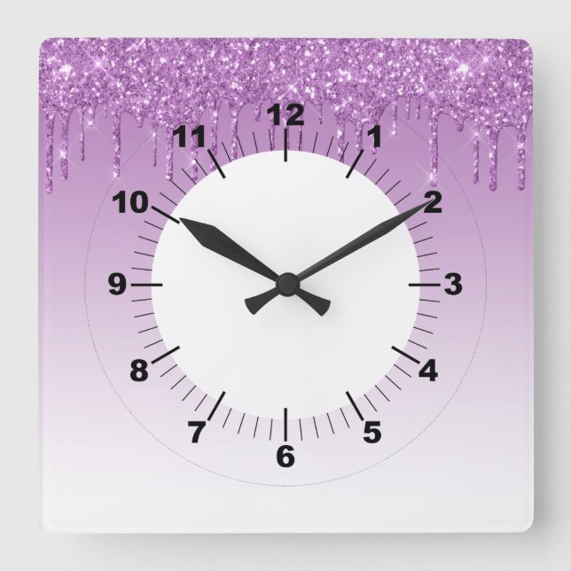 Purple Dripping Glitter Square Wall Clock (Front)