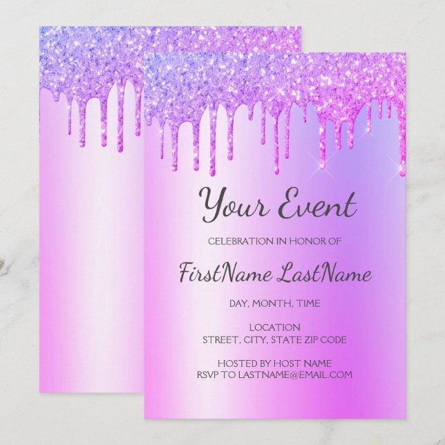 Purple Dripping Glitter Sweet 16 Bridal Shower Invitation (Front/Back)