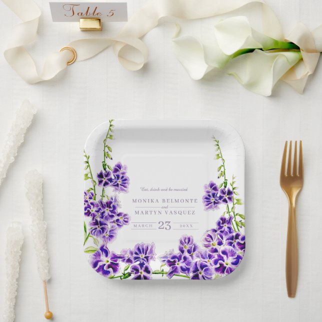 Purple duranta watercolor flower wedding paper plate (Wedding)