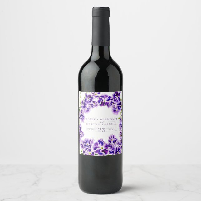 Purple duranta watercolor flower wedding wine label (Front)