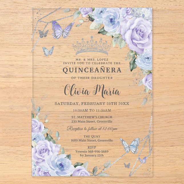 Purple Dusty Blue Floral Butterflies Quinceañera Acrylic Invitations (Front)