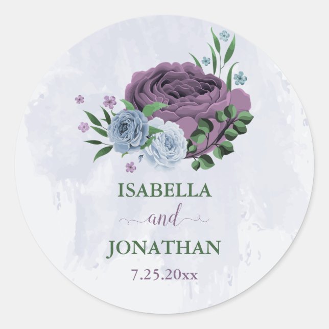 Purple & dusty blue floral wedding classic round sticker (Front)
