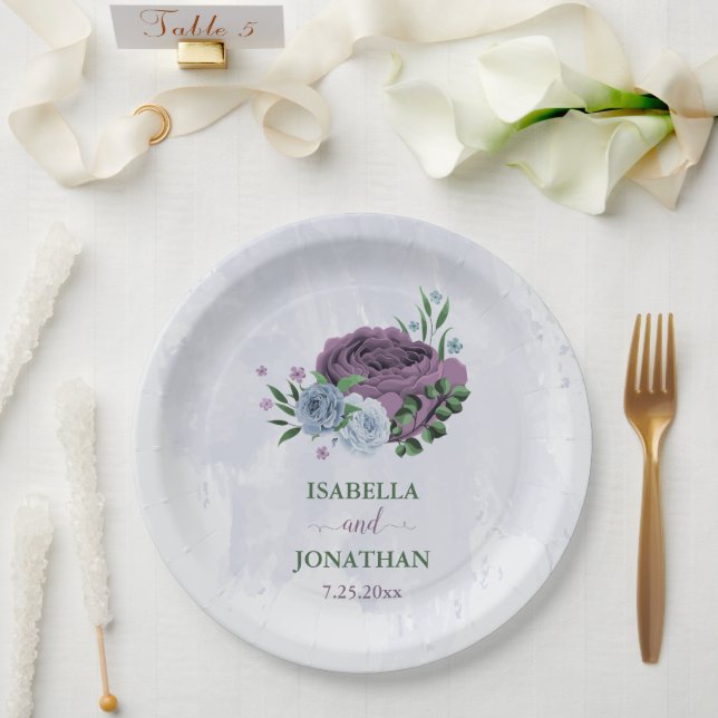 Purple dusty blue floral wedding paper plate (Wedding)
