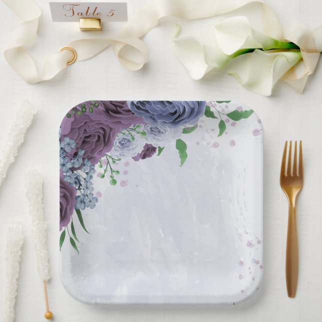 Purple dusty blue floral wedding paper plate (Wedding)