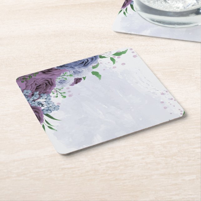Purple dusty blue floral wedding square paper coaster (Angled)