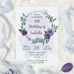 Purple dusty blue flowers green leaves birthday invitation