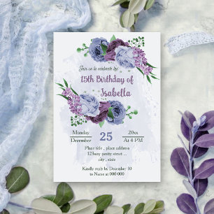 Purple dusty blue flowers green leaves birthday invitation