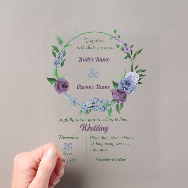 Purple dusty blue flowers green leaves wedding acrylic invitations (Insitu (Handheld))