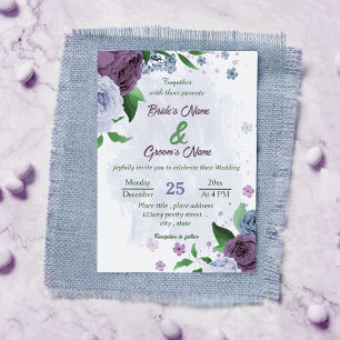 Purple dusty blue flowers green leaves wedding invitation