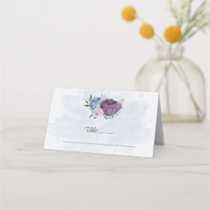 Purple dusty blue flowers green leaves wedding place card