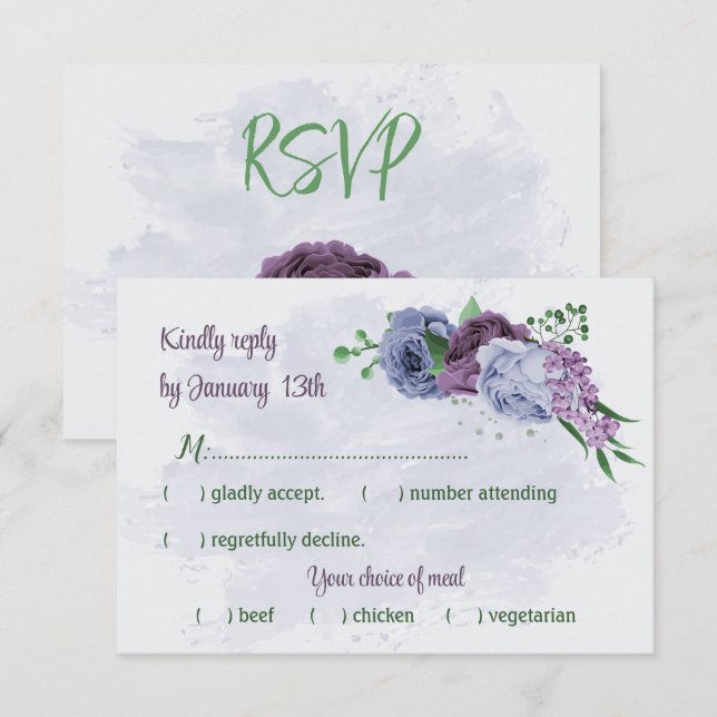 Purple dusty blue flowers green leaves wedding RSVP card (Front/Back)