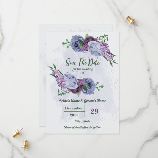 Purple dusty blue flowers green leaves wedding save the date (Front/Back In Situ)