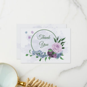 Purple dusty blue flowers green leaves wedding thank you card