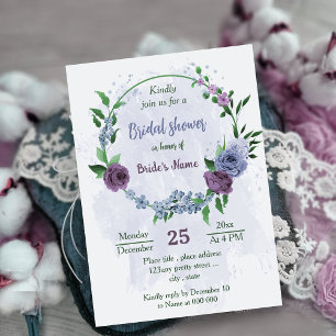 Purple dusty blue flowers greenery bridal shower invitation