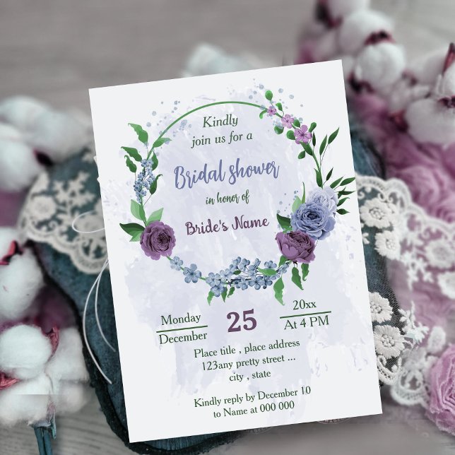 Purple dusty blue flowers greenery bridal shower invitation (Creator Uploaded)