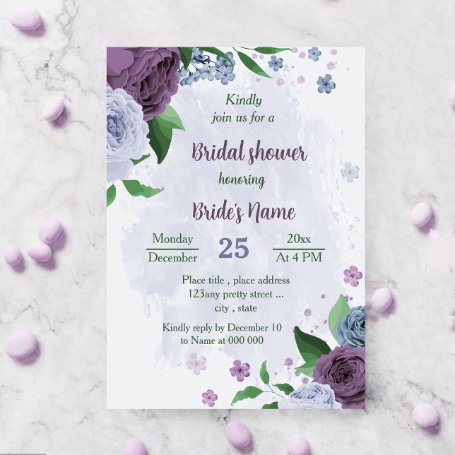 Purple dusty blue flowers greenery bridal shower invitation (Creator Uploaded)