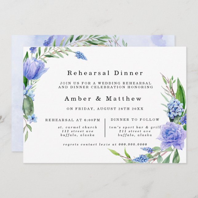 Purple Dusty Blue Hyacinth Peony Rehearsal Dinner Invitation (Front/Back)