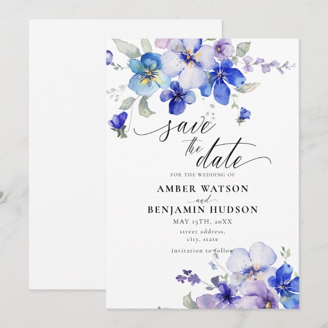 Purple Dusty Blue Lavender Floral Save The Date Invitation (Front/Back)
