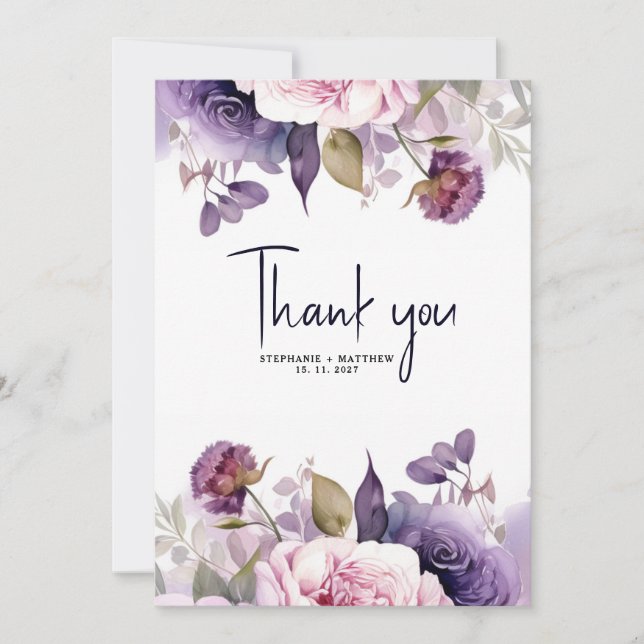 purple Dusty Blush Pink Floral Wedding  Thank You Card (Front)