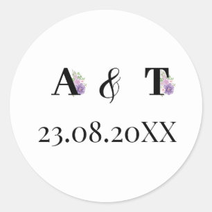 Purple Dusty Rose Floral Monogram Wedding Classic Round Sticker