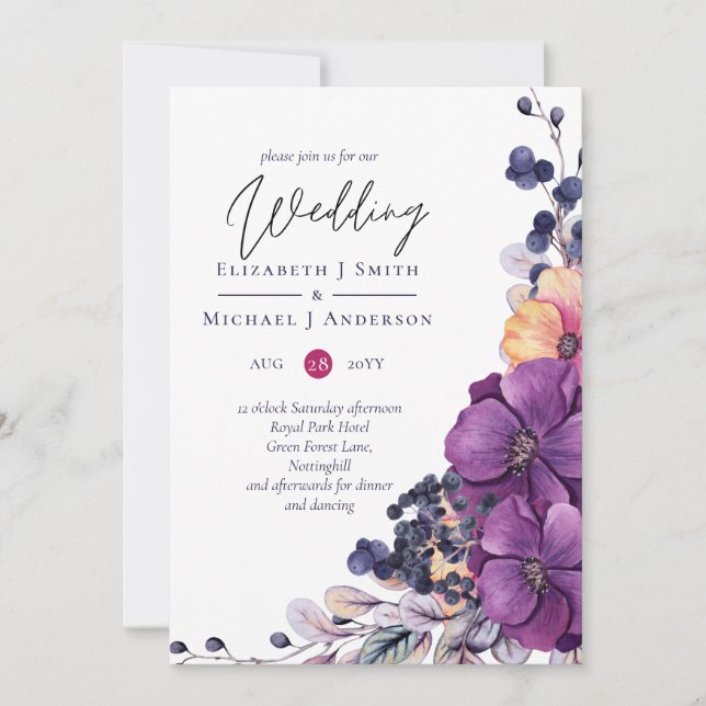 Purple Dynasty Dark Floral Budget Wedding Invites (Front)