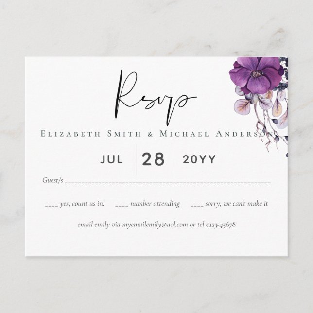 Purple Dynasty Dark Floral Budget Wedding RSVP Postcard (Front)