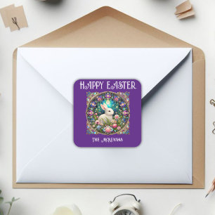 Purple Easter Bunny Art Nouveau Stained Glass  Square Sticker