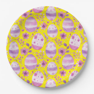 Purple Easter Egg and Flowers Pattern Yellow Paper Plate